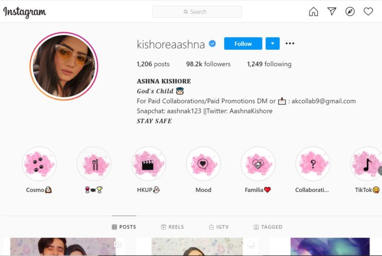 Ashna Kishore Instagram account