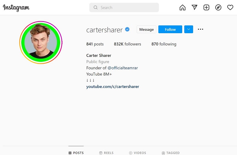 Carter Sharer has 832k followers on Instagram