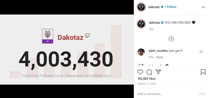 Dakotaz hit 4 million on Twitch on August 13 2019