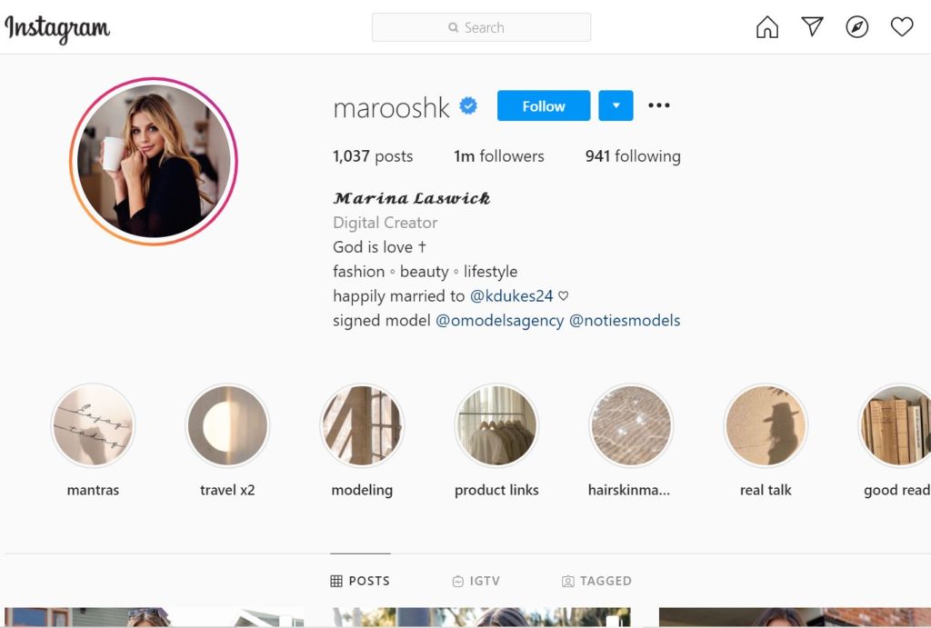 Marina Laswick Instagram account